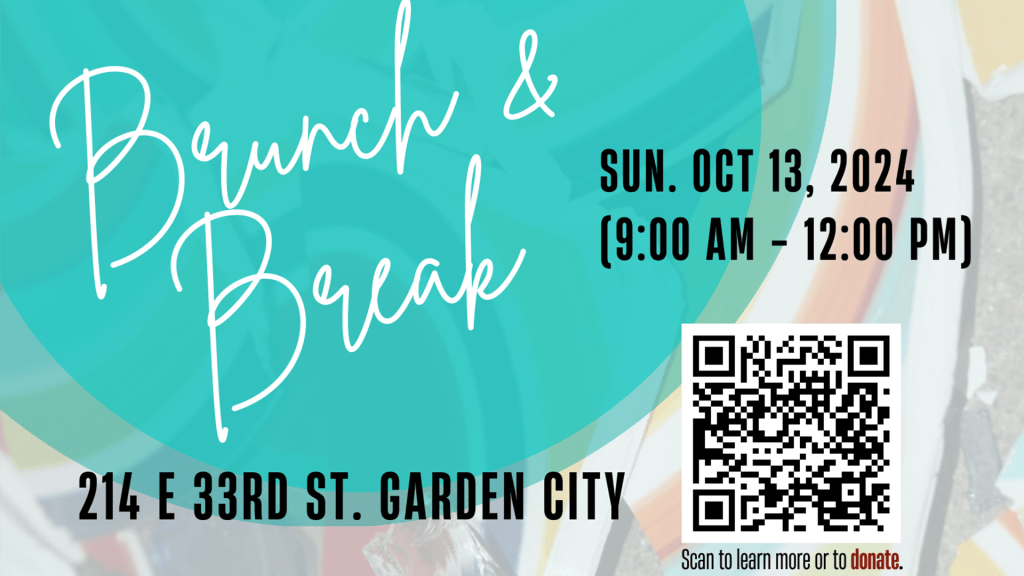 The flyer for the October 13th Brunch and Break Mural Fundraiser at 214 E 33rd St. Garden City