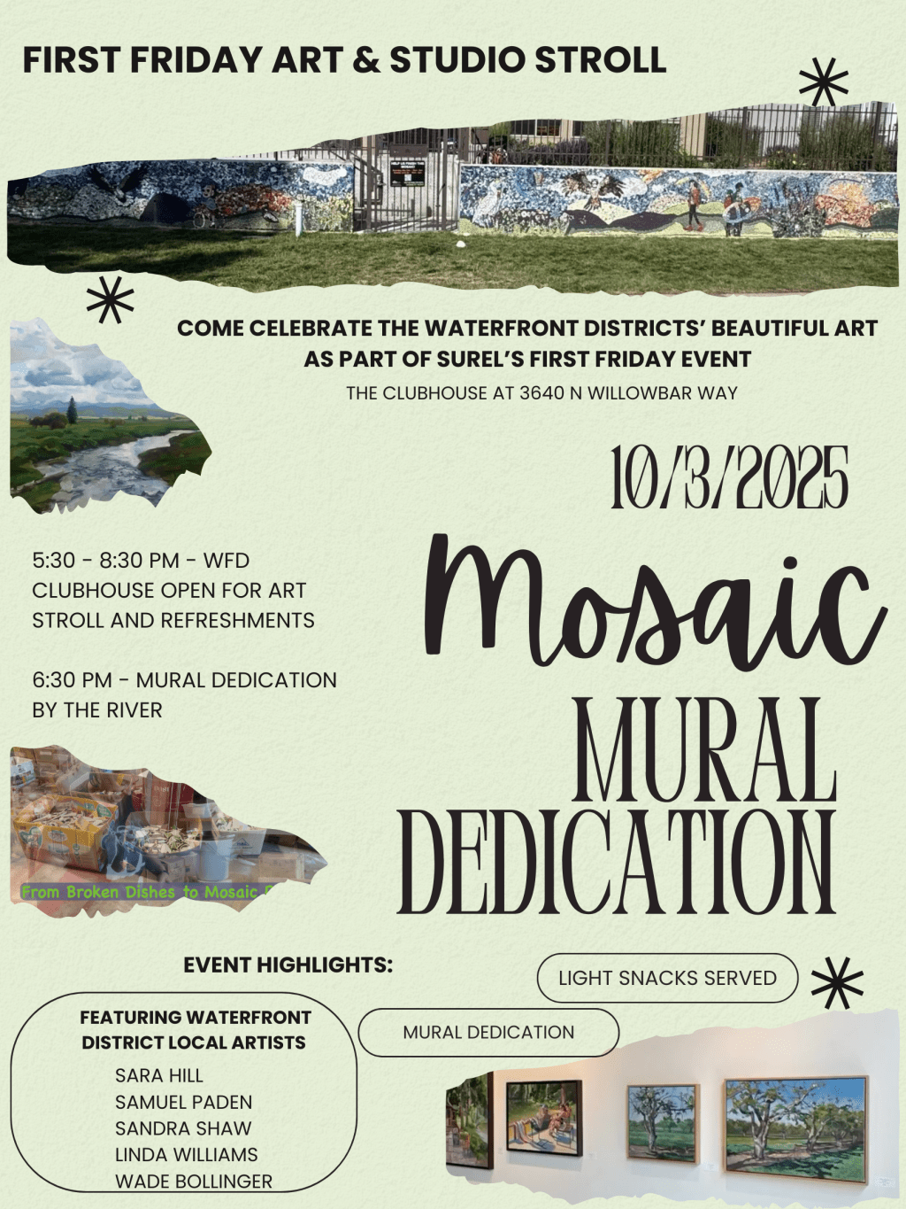 Flyer for the October 3rd, 2025 First Friday Mural Dedication event. Flyer by Sue Linja.